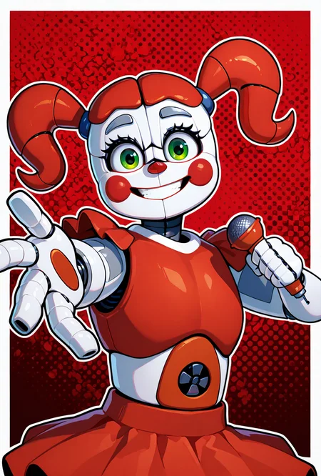 <lora:circbb-10:1> circbb, twintails, robot, 1girl, red cheeks, , joints, skirt, red nose, green eyes, smile, red background, holding microphone, looking at viewer, , reaching out, teeth, clenched smile,, masterpiece, best quality, amazing quality, very aesthetic, absurdres, newest,, upper body, halftone effect, white borders, abstract background:1.2,