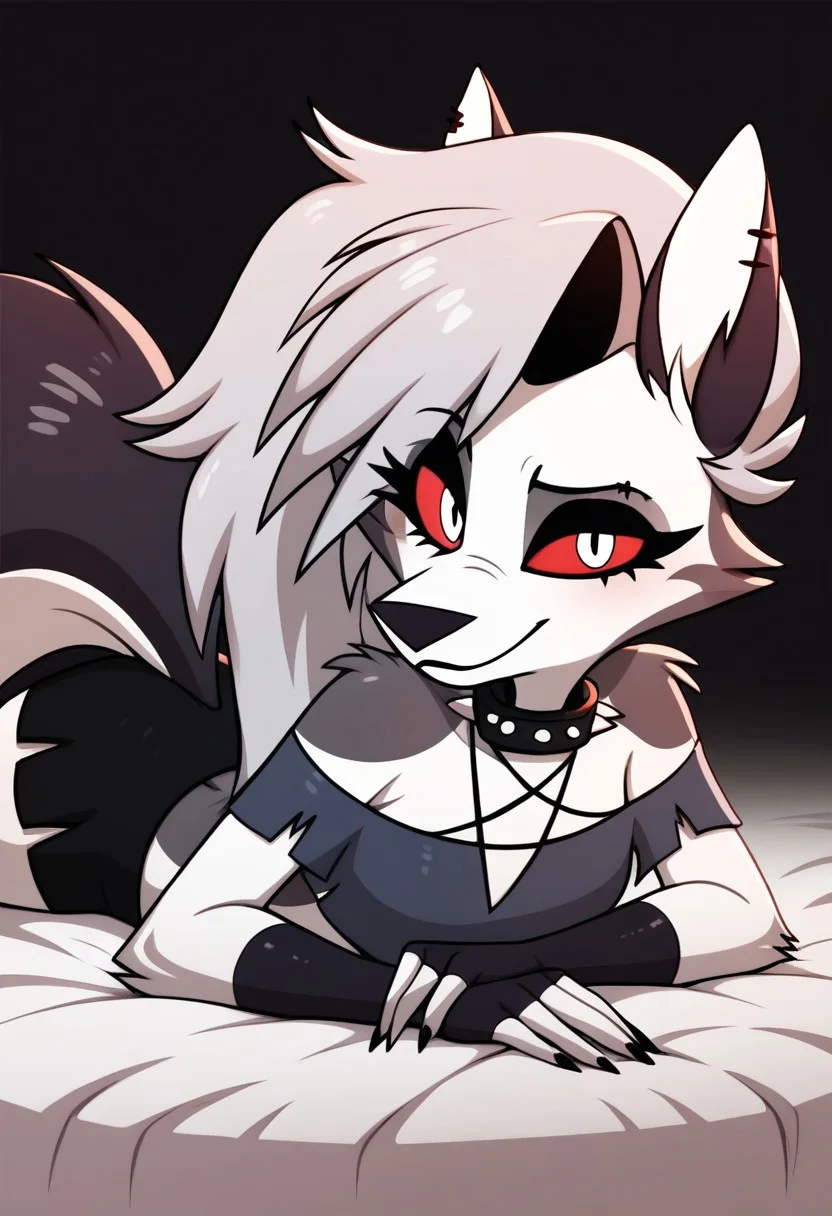 score_9, score_8_up, score_7_up, score_6_up, score_5_up, score_4_up, masterpiece, high quality, detailed, best quality, white bed, solo, rating_safe, source_furry, white bed, bedroom, smiling, seductive, ((looking at viewer, lying on belly, lying on stomach:1.3)), detailed eyes, Loona \(helluva boss\), tail, long hair, grey hair, female, 1girl, colored sclera, red sclera, white eyes, anthro, fingerless gloves, black thighhighs, spiked collar, crop top, black shorts, close up,