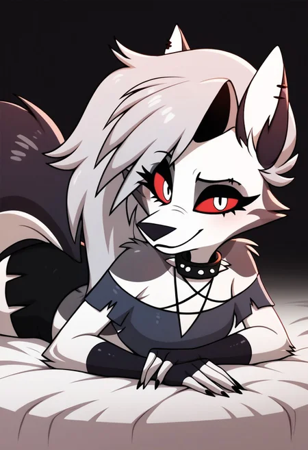 score_9, score_8_up, score_7_up, score_6_up, score_5_up, score_4_up, masterpiece, high quality, detailed, best quality, white bed, solo, rating_safe, source_furry, white bed, bedroom, smiling, seductive, ((looking at viewer, lying on belly, lying on stomach:1.3)), detailed eyes, Loona \(helluva boss\), tail, long hair, grey hair, female, 1girl, colored sclera, red sclera, white eyes, anthro, fingerless gloves, black thighhighs, spiked collar, crop top, black shorts, close up,