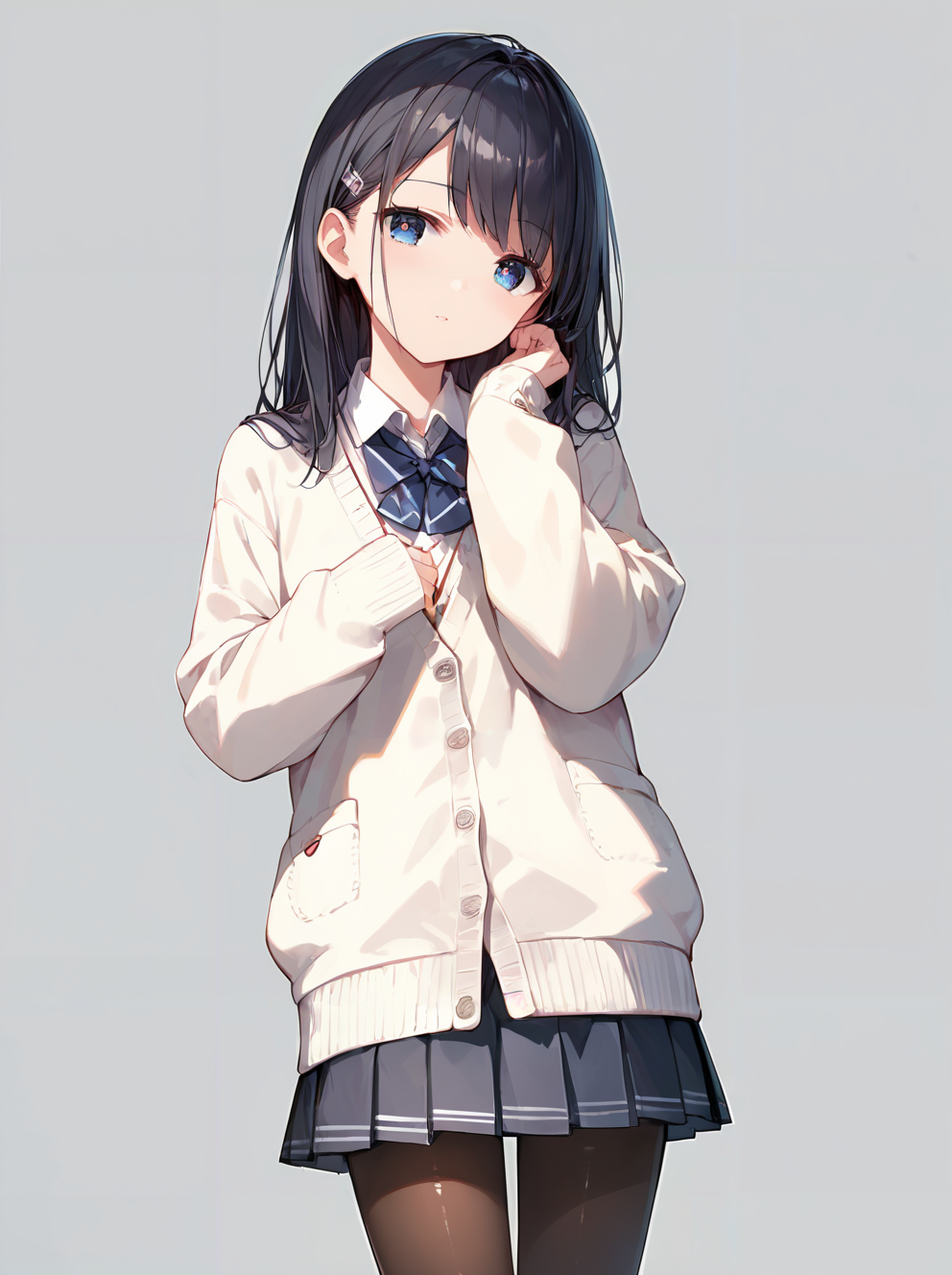 score_9, score_8_up, score_7_up,source_anime, high res image,masterpiece,best quality,(girl:1.0),cute face,clear skin,shiny hair,ultra detailed eyes,simple background, <lora:school uniform cardigan_pony_V1.2:0.7> school uniform, (white cardigan:1.2), skirt,pantyhose