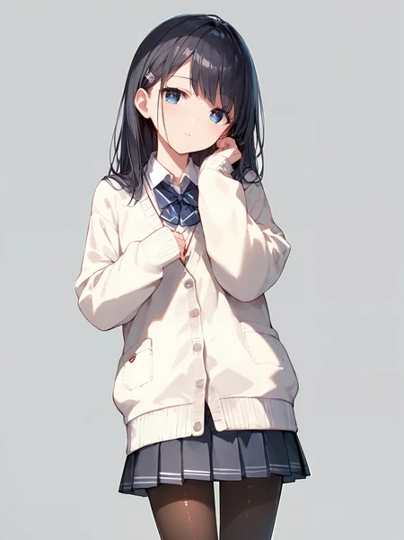 score_9, score_8_up, score_7_up,source_anime, high res image,masterpiece,best quality,(girl:1.0),cute face,clear skin,shiny hair,ultra detailed eyes,simple background, <lora:school uniform cardigan_pony_V1.2:0.7> school uniform, (white cardigan:1.2), skirt,pantyhose