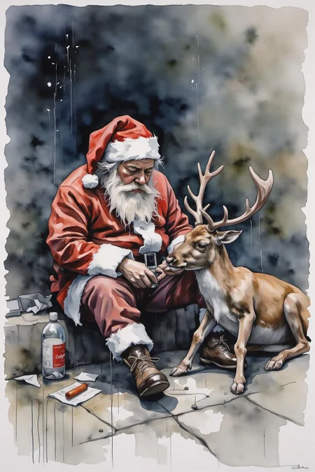 yawc1 watercolor.
Homeless Drunk Santa Claus sleeping rough on the street with Rudolph the red-nosed reindeer <lora:schnell_v1.0:1.0> <lora:yawcolor_flor2_d4a2:1.0><lora:798984691819510357:0>