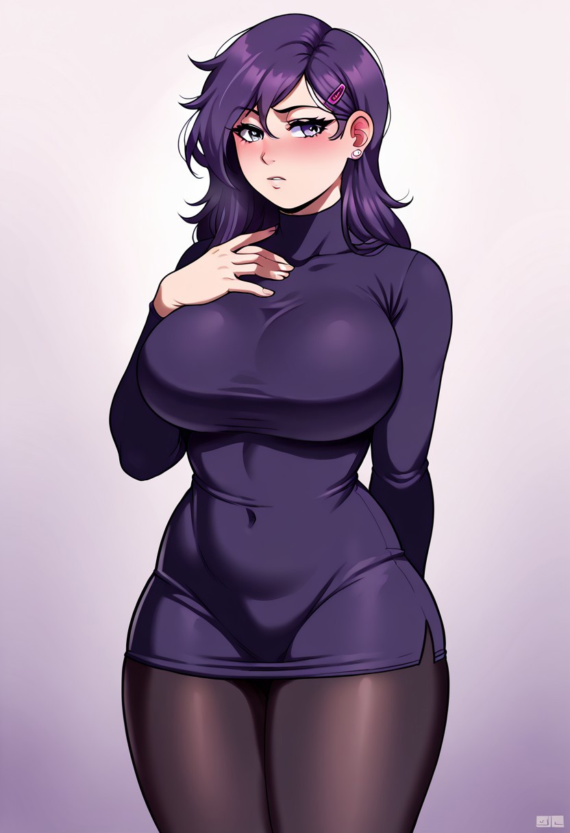 score_9,score_8_up,score_7_up,score_6_up, <lora:Lunas-JLullaby-SDXL-A3:1>,  4k, 8k, masterpiece, jlullaby, 1 girl, solo, detailed eyes, detailed face, detailed hair, beautiful eyes, big breasts:1.6, thighs, curvy, thick thighs:1.5, ddlcyuri, hair ornament, hairclip, long hair, purple eyes, dark purple hair, white knee-high socks with a grey stripe. Her long, deep violet hair is still straight but now with a few strands hanging over her face. messy hair, standing, hand up, hand on chest, She wears a dark purple dress with intricate lace details, and black tights (heavy blush, looking away)