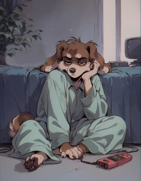 source_furry, 
furry dog,  brown fur, sitting on a green sofa, watching TV, night time, tv light, wearing pajamas, pajamas, tired, bored, remote in hand, slouching,  potato chips crumbs on floor,  adult, floppy ears, dark room,  gloomy
 <lora:OldAnimeStyle_XL_v3:0.8> Vintage, 1990s \(style\), score_9, score_8_up, score_7_up, score_6_up, score_5_up,