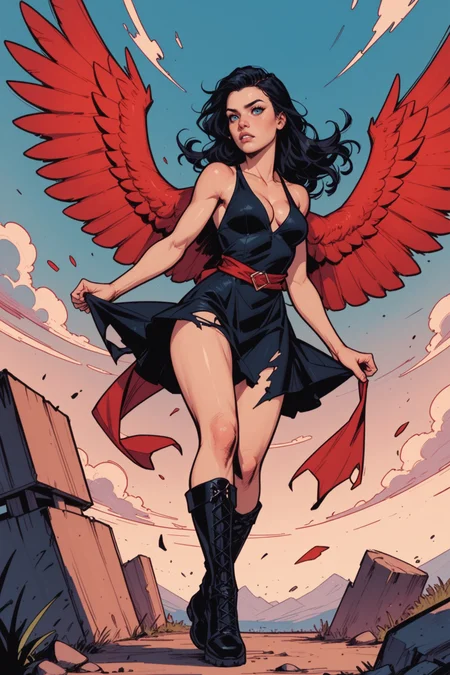 1girl, wings, solo, dress, black dress, breasts, black hair, medium breasts, spread wings, cleavage, long hair, outdoors, sky, bare shoulders, red wings, boots, torn wings, sleeveless dress, sleeveless, a_Comic_Illustration, rough lines with ink, (drawn:1.1), (sketch:1.5), (crosshatching:1.25), (comic style:1.1), graphic novel style, sharp lines, hires, zstyle, (western comics \(style\):1.1), (hatching \(texture\):1.2), zPDXL, Mr_Monster_Possitive, <lora:Expressive_H:0.5>, score_9, score_8_up, score_8_up,