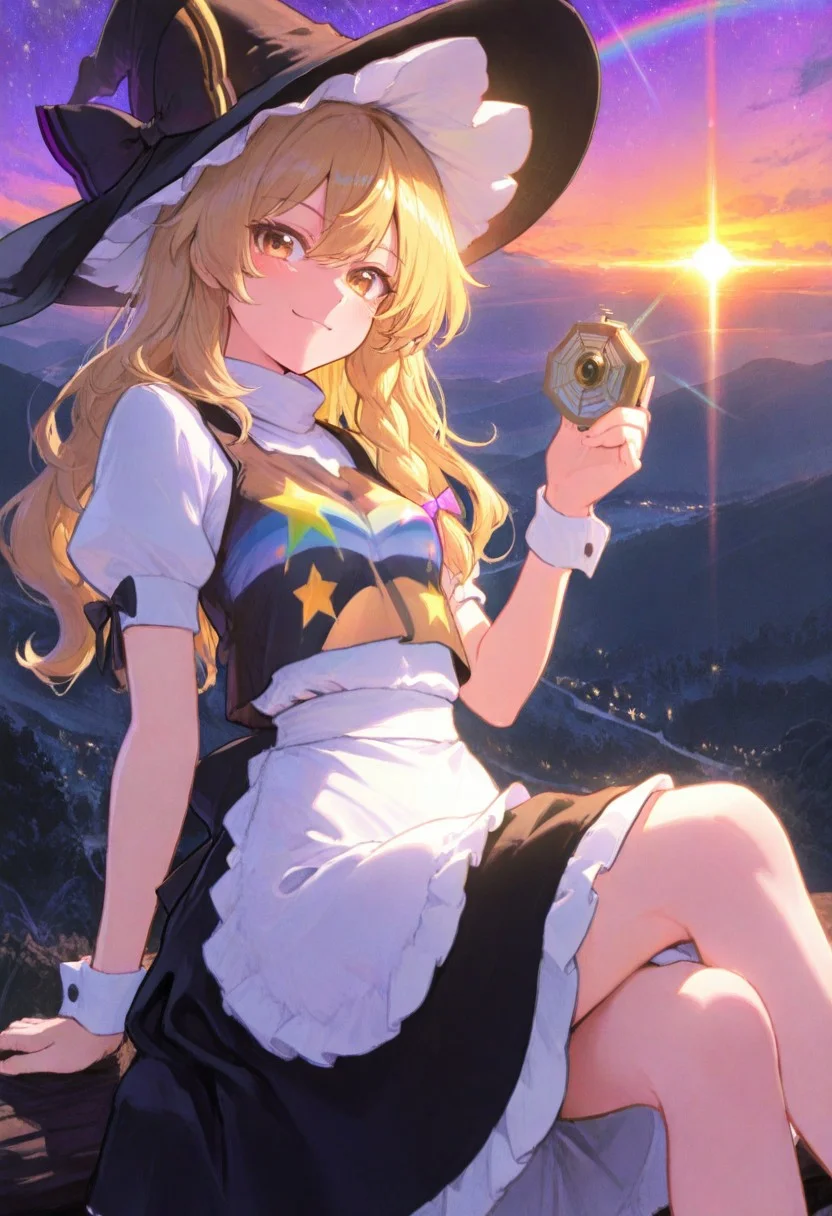 volumetric lighting, ambient occlusion, sunset, outside,luminescent background, masterpiece, best quality, absurdres,masterpiece, best quality, very awa, absurdres looking at viewer, dynamic pose, cute pose, bigsmile, kirisame marisa, 1girl, solo, yellow eyes, blonde hair, long hair, single braid, small breasts,mini-hakero, master spark, bloom,rainbow, stars, rainbow shirt, pride shirt, witch hat, hat bow, rainbow bow, hair ribbon, black ribbon, rainbow clothes