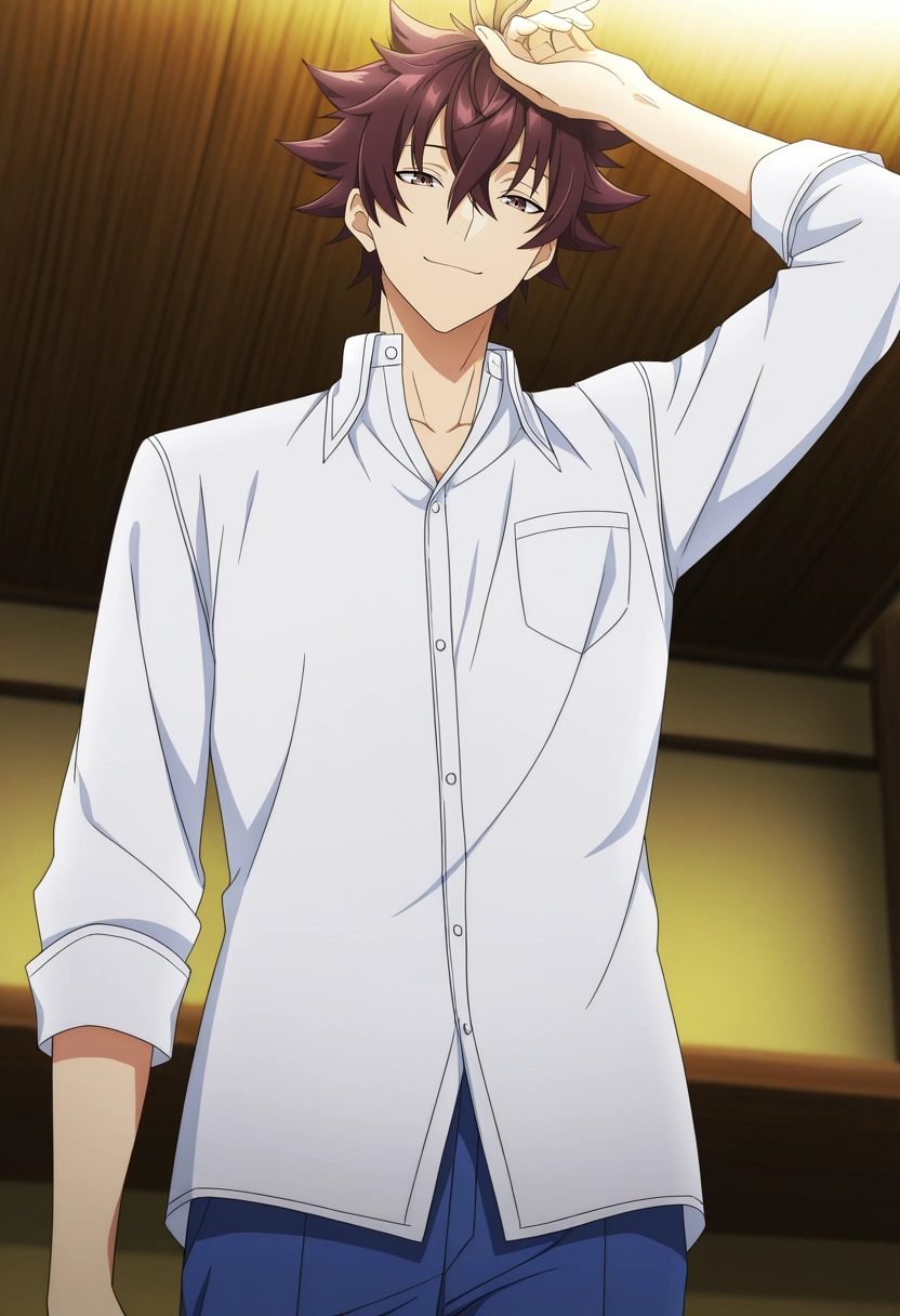 masterpiece, best quality, anime screencap, official style, anime coloring, cowboy shot, 1boy, solo, male focus, <lora:yuuya_tenjou_ilxl:0.96>, yuuya_tenjou, brown hair, brown eyes, short hair, hair between eyes, spiked hair, bangs, white shirt, collared shirt, from below, dock, indoors, light, arm up, half-closed eyes, smile,