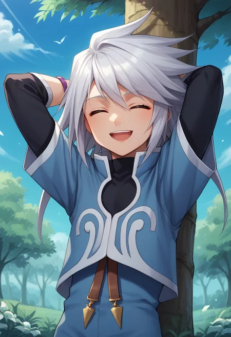 score_9, score_8_up, score_7_up, source_anime, highly detailed,
genis, solo, male focus, 1boy, long hair, smile, shirt, shorts, jacket, black shirt, blue jacket, standing, looking at viewer, bracelet, jewelry, silver hair, upper body, closed eyes, slender, skinny, hands behind head, open mouth
outdoor, sky, tree,