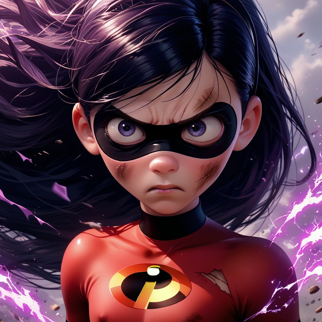 score_9, score_8_up, score_7_up, score_6_up, score_5_up, score_4_up, 1girl, VioletParr, superhero, long hair, torn clothes, cuts and bruises, determined look, wind blowing hair, purple energy, flat chest, skinny, eye mask