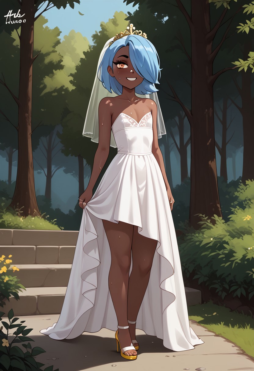 score_7_up, 1girl, erin_cc, dark complexion, one amber eye, one light blue eye, medium length blue hair, hair covering left eye, Full body, barefoot, standing, perfect hands, 5 fingers, perfect barefoot 5 toes, perfect small flat chest natural breasts;  
Wedding dress, Wedding veil, Golden tiara, Wedding ring, Golden high heels sandals,
sensual, curvy, standing, in the woods, outdoors, nature, hike, sweat, looking at viewer, feminine, artistic effects, smiling,