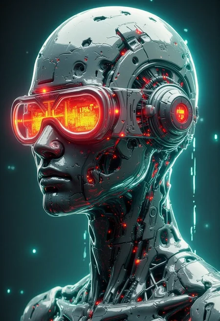 yfg-f@ce, Thought Augmenter, A visionary with a neural interface helmet and augmented reality glasses. The color palette includes futuristic silvers, teals, and neon glows, embodying a sense of advanced technology and innovation.