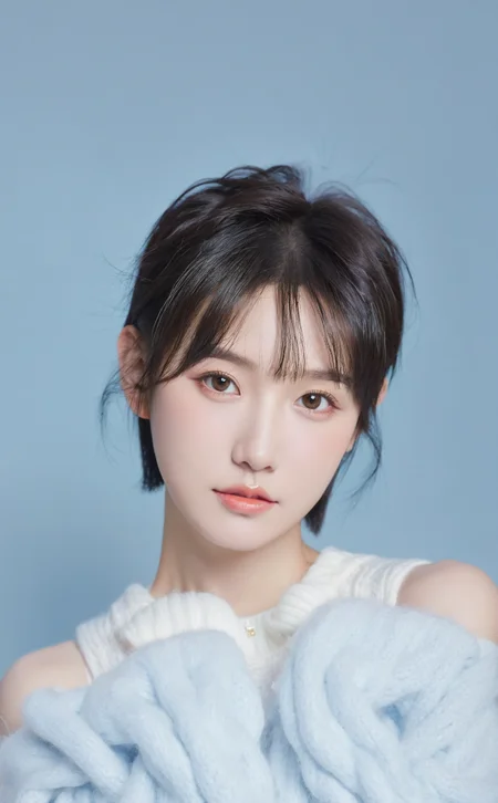 Realistic 1girl,female Chinese idol portrait,upper body,black pixie cut,brown eyes,indoors,pastel blue background,soft lightning,wearing a white fluffy sweater,winter theme,girlish charm,