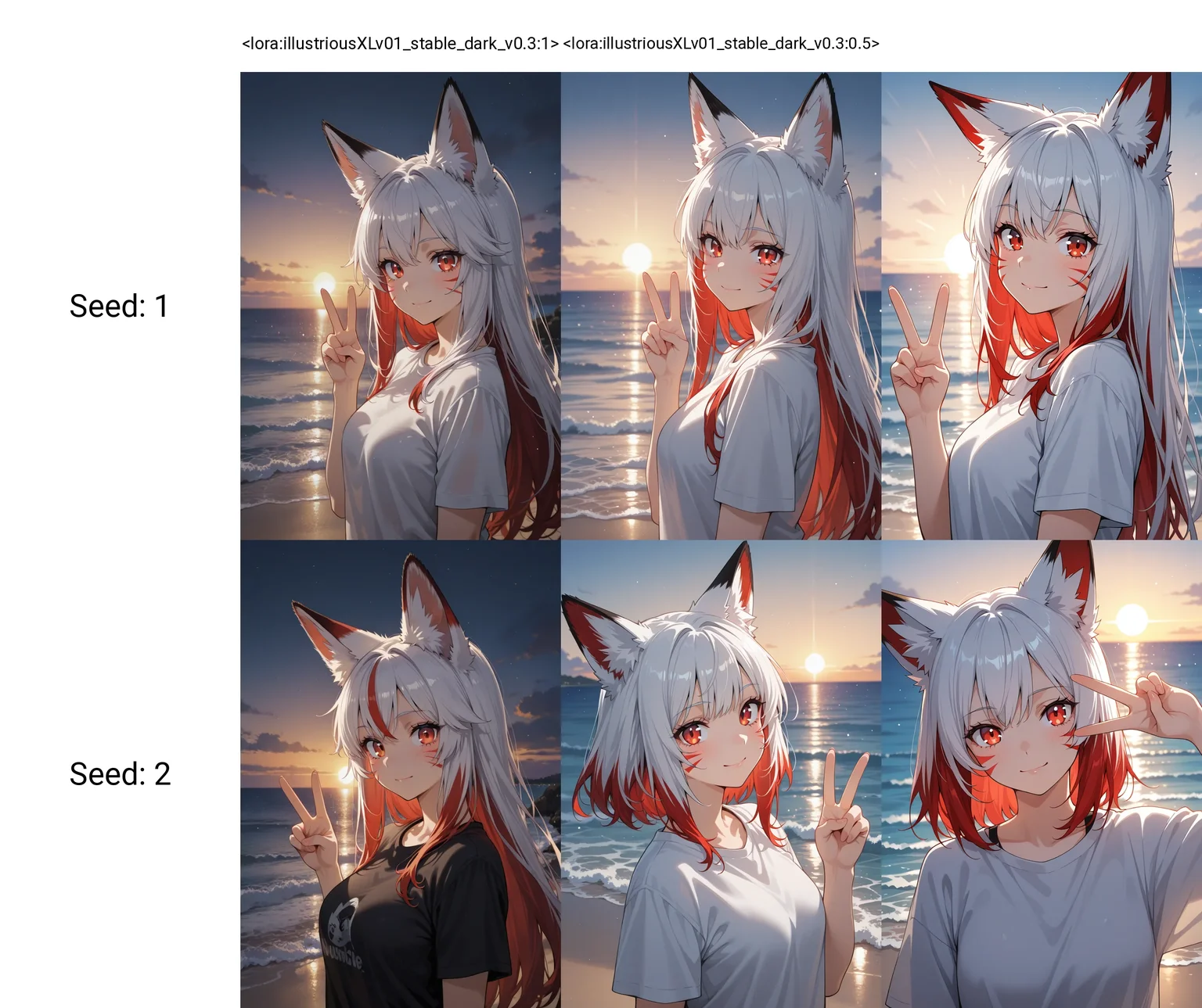 <lora:illustriousXLv01_stable_dark_v0.3:1>1girl,fox ears,white hair,red eyes,red hair, multicolored hair,whisker markings,upper body,shirt,v,ocean,sunrise,light particles,masterpiece,best quality,