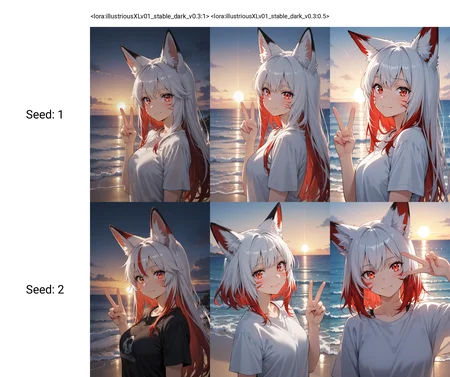 <lora:illustriousXLv01_stable_dark_v0.3:1>1girl,fox ears,white hair,red eyes,red hair, multicolored hair,whisker markings,upper body,shirt,v,ocean,sunrise,light particles,masterpiece,best quality,