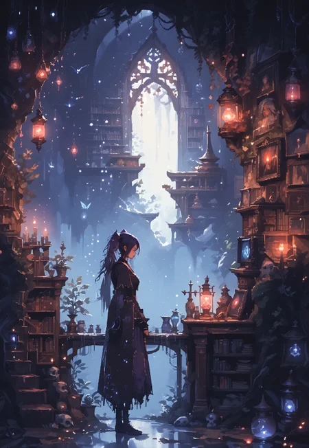 high elf, hermit witch, jill stingray, (twintails:1.2), dark purple hair, red eyes. fantasy sorceress clothes, from side, taking out a book from a bookcase, library, ArsMJStylePony, Pixel Art, 0ddmag1c, oddity, ((clean lines, source: anime, detailed fingers, high quality, best quality, masterpiece, rating: g score: 9, score: 8 up)), in well lit cave, tree roots, small fairy lanterns, witch tools, great lighting, floating shining stars, shining golden particles, perfect hands, great lighting, d4rkv1b3,
