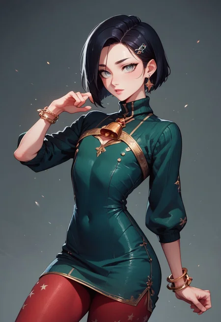 score_9, score_8_up, score_7_up, 1boy, femboy, otoko no ko, short hair, bob cut hair, black hair, grey eyes, gray eyes, feminine face, toned body, Shelly, 
bodycon dress, sweater dress, green dress, sleeves, neckline, red pantyhose, embroidered pantyhose, earrings, bracelets,  christmas hair ornament, 
highly detailed, intricate, zzCitronCAT, model pose, modelshoot
