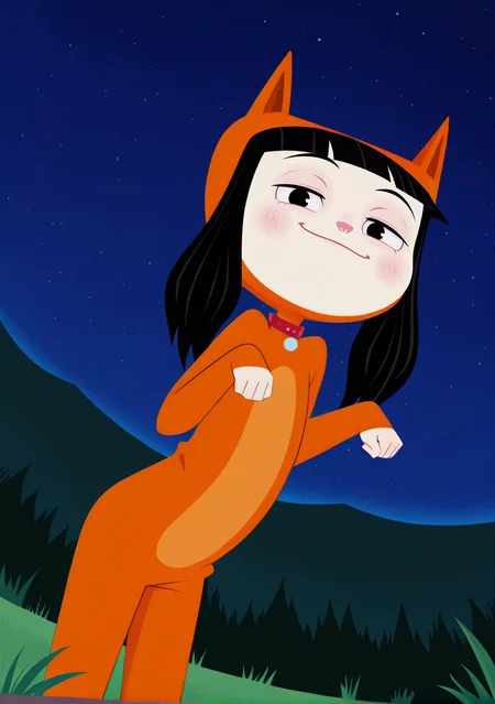 handsfree, masterpiece, best quality, amazing quality, very aesthetic, 1girl, solo, outdoors, smug, cat pose, looking at viewer, kitty_cat_illus, black hair, blunt bangs, twintails, cat costume, collar, cat pose, dynamic angle, cute, <lora:Kitty_-_Kitty_is_not_a_cat_-_illustrious:1>