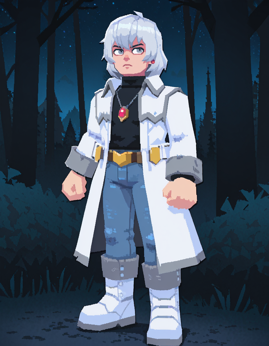 solo, 1boy, male focus, jewelry, belt, coat, denim, pants, jeans, necklace, turtleneck, white hair, grey eyes, pendant, soma cruz , white boots<lora:Soma_Cruz_Castlevania_Aria_of_SorrowIllustrious:0.8>   castle, forest, night,  lowpoly 3d <lora:LowPoly_3D_Style_IIIustrious:1>full body