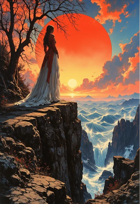 fantasy art by Donato Giancola, Peter Mohrbacher and Paul Gauguin, a canvas is alive with vibrant hues of red, orange, and yellow as the sun sets behind it. In the center of the scene, a figure in a flowing gown stands on the edge of a mountaintop, ,  silent cinema pioneer,  serene landscapes,  unfussy,  grid systems,  realistic depictions of celestial bodies,  captures the beauty and power of ocean waves, British expressionist painting, Ethereal portraits,  American realism,  exploration of color and space,  whimsical and imaginative, Surrealistic, beautiful elegant, glossy, creative, contemporary fine detail, dramatic, <lora:models\Flux\FluxMythP0rtr4itStyle:0.48> mythp0rt, <lora:models\Flux\CPA:0.36>, <lora:models\Flux\Mezzotint_Artstyle_for_Flux_-_by_Ethanar:0.53>, <lora:models\Flux\RetroAnimeFluxV1:0.54>, <lora:models\Flux\Ink_Marbling_Portraits:0.56> FFAIM, <lora:models\Flux\DnDDarkestFantasy:0.56> ArsMJStyle, dnddarkestfantasy,,