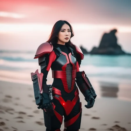 cinematic photo a full body asian woman wears a red and black futuristic light armor, beach background <lora:Exosuit1024:0.7> . 35mm photograph, film, bokeh, professional, 4k, highly detailed