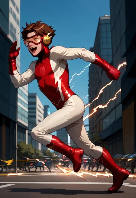 score_9, score_8_up, score_7_up, highly detailed, young boy, 1boy, solo, male focus, Impulseyj, red framed goggles yellow lenz, brown hair, red gloves, red boots, red and white costume, running, electricity, motion blur, from side, city, street, excited, happy, mouth open, Expressiveh