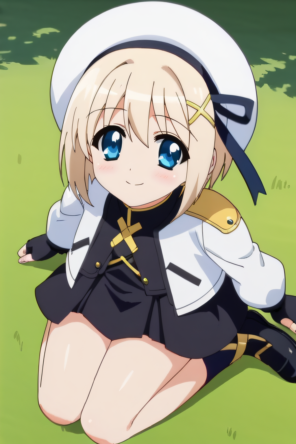 score_9, score_8_up, score_7_up, source_anime, rating_safe, intricate details, anime screencap, official style, 1girl, solo, <lora:Yagami_Hayate:1>, hayate, light hair, blue eyes, hairclip, x_hair_ornament, magical girl, white hat, black dress, long sleeves, white jacket, cropped jacket, fingerless gloves, thighs, black shoes, sitting on grass, looking at viewer, smile, outdoor, full body, kneeling, from above, blush