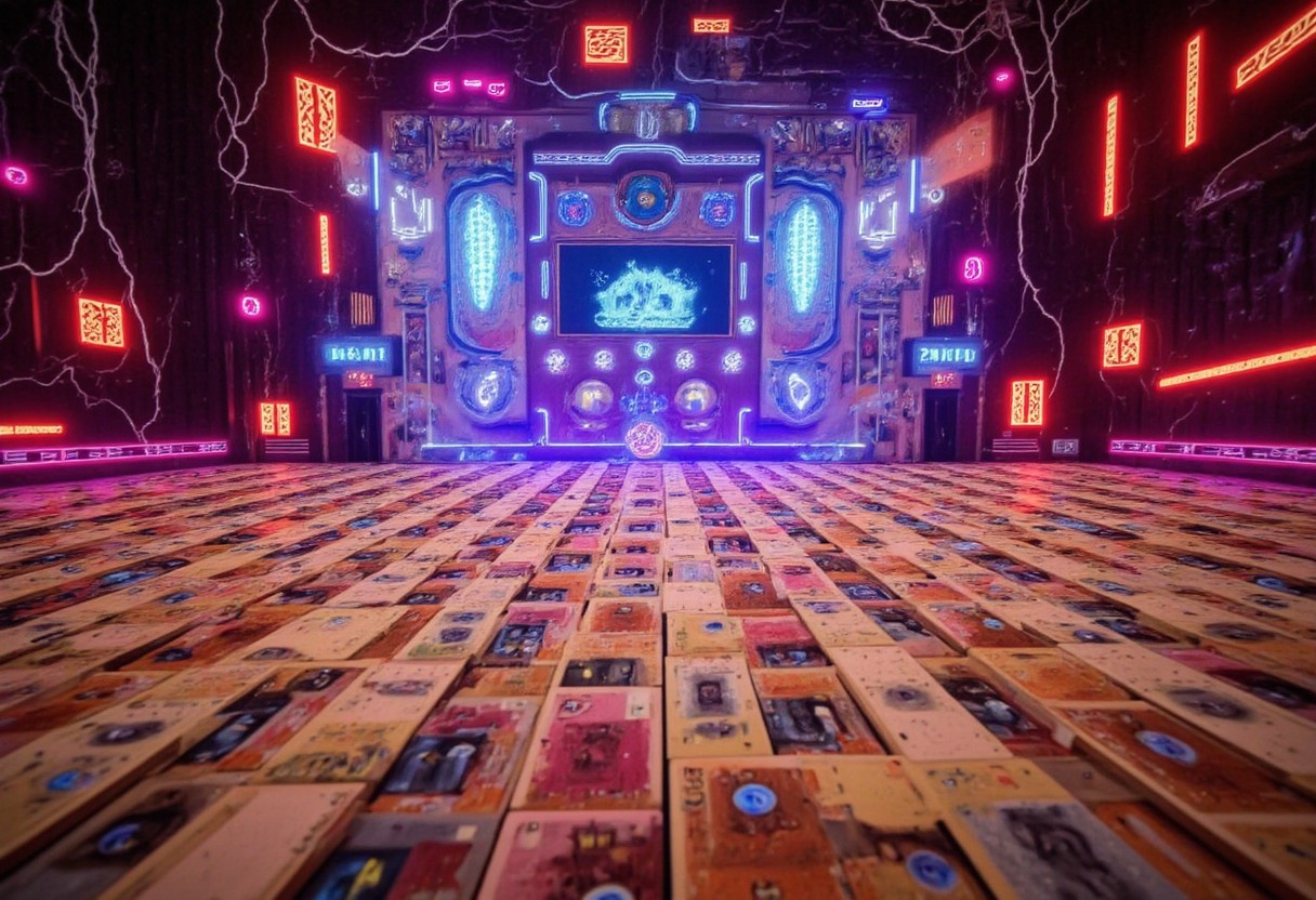 in the foreground front of screen is a depiction of $20 and $50 australian dollar notes. in the background are neat backpiles of money cash falling from sky paper money in front of camera scene similar to gozer the destructor from futuristic divinity ghostbusters with australian money cash currency falling in front of the camera multi colored bolts of high intensity electricity and lightning as well as holograms of futuristic cubes projecting around the room with eyeballs inside them