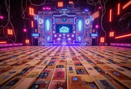 in the foreground front of screen is a depiction of $20 and $50 australian dollar notes. in the background are neat backpiles of money cash falling from sky paper money in front of camera scene similar to gozer the destructor from futuristic divinity ghostbusters with australian money cash currency falling in front of the camera multi colored bolts of high intensity electricity and lightning as well as holograms of futuristic cubes projecting around the room with eyeballs inside them