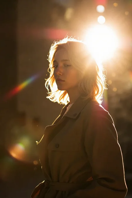 sony_a7III professional style photo, late 20s woman, shoulder-length wavy blonde hair illuminated by intense backlight, profile silhouette with a serene expression, wearing a trench coat, standing in a dimly lit indoor space, dramatic golden sunlight streaming from behind, creating a halo effect around her hair, vibrant rainbow lens flares streaking across the frame in multiple directions, refracting into bands of red, orange, green, and blue, scattered light artifacts adding a dreamy atmosphere, dust particles visible in the air catching the multicolored glow, blurred background with faint architectural elements, soft focus on edges due to intense light diffusion, slight graininess resembling a film-like aesthetic