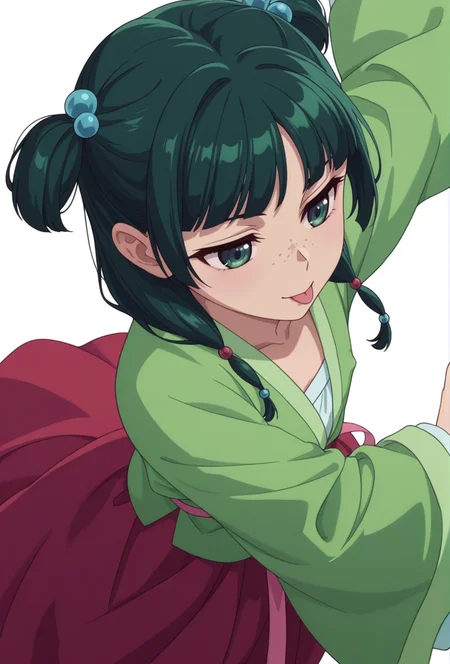 Smooth Quality,masterpiece,very intricate, high quality details, ultra realistic, high detailed skin,detailed enviorement,absurdres,
simple background, white background,solo,
from above,dancing, covered nipples, 
:p,
 <lora:Maomao_CNR:0.8> maomao_cnr,green hair, long hair, green eyes, flat chest,  maodef_cnr,freckles, green hair, twintails,chinese clothes, hanfu, skirt, long sleeves, red skirt, wide sleeves