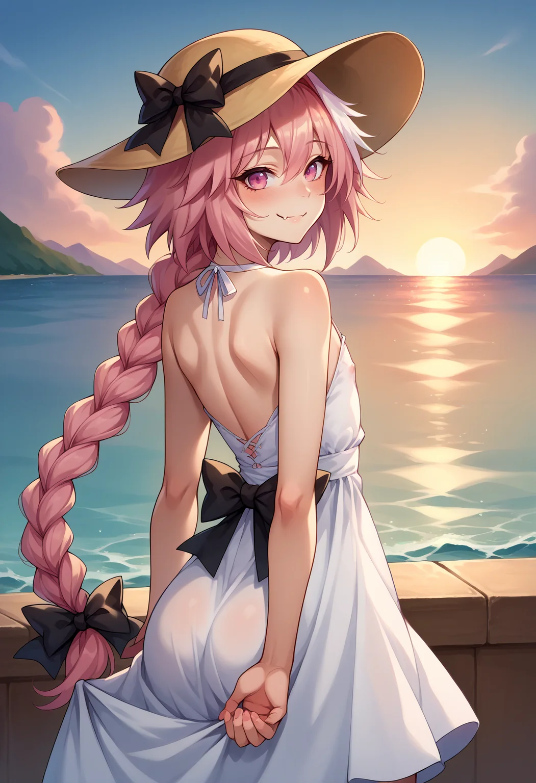 score_9,score_8_up,score_7_up,score_6_up, rating_explicit, source_anime, 1boy, solo,  otoko no ko, <lora:EPAstolfoPony-05:1> EPfaAstolfo, pink hair, pink eyes, ribbon, hair ribbon, braid, hair between eyes, hair intakes, white hair, hair bow, single braid, long hair, long braid, streaked hair, skin fang, bow, black bow, smile, from behind, white dress, looking back, crossdressing, blush, arms behind back,  bare shoulders, male focus, looking at viewer, hat, back, dress, sundress, outdoors, sun hat, sky, sunset, ocean, reflective water,