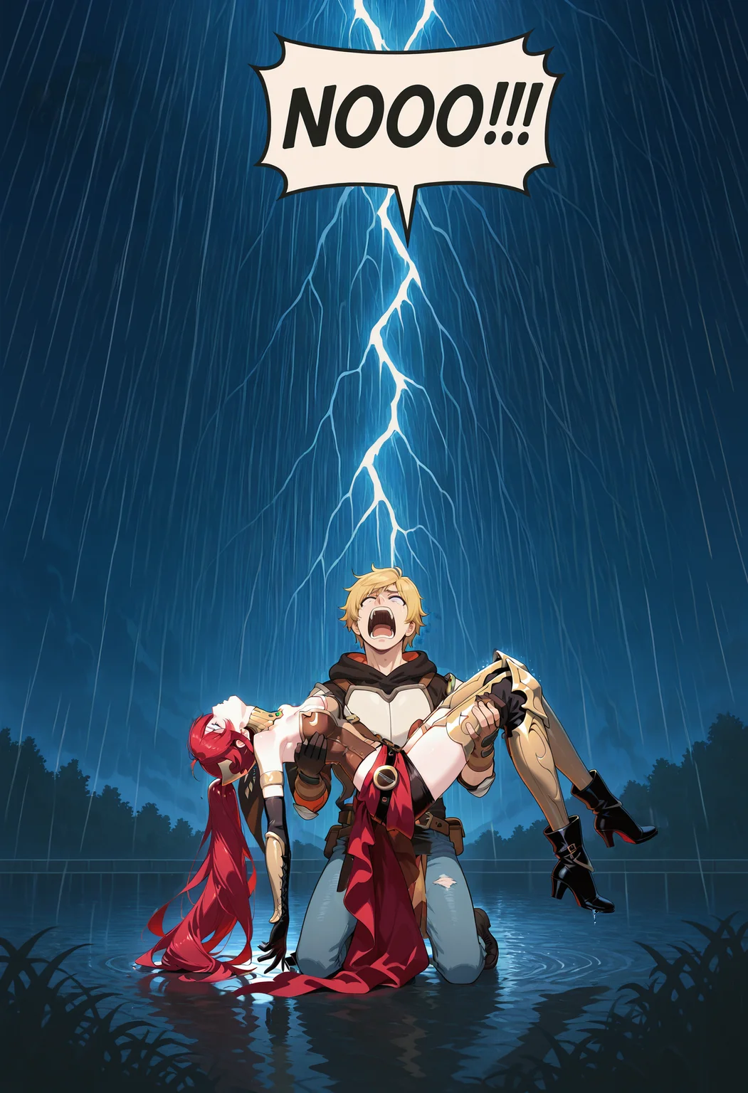 IllusP0s, f3rn4nd0, speech bubble, NOOO!!!, screaming, kneeling, jaune arc, blonde hair, white shirt, head back, black tie, 1boy, 1girl, contrast lighting, outdoors, thunderstorm, raining,
<lora:Dramatic-NOOO-ILL_Schmede_v1:1>
unconscious, unconscious carry, passed out, fainted, unconscious arm carry, princess carry, bridal carry, unconscious princess carry,
pyrrha nikos, head back,
<lora:Unconscious-Arm-Carry-SDXL_Bruh7554_v1:1.5>