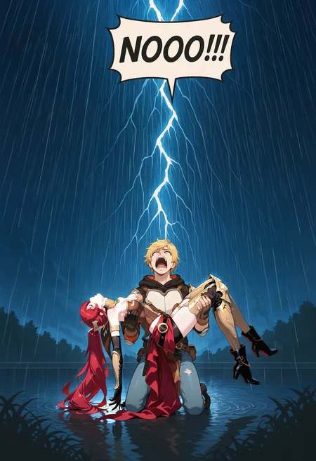 IllusP0s, f3rn4nd0, speech bubble, NOOO!!!, screaming, kneeling, jaune arc, blonde hair,  white shirt, head back, black tie, 1boy, 1girl, contrast lighting, outdoors, thunderstorm, raining,
<lora:Dramatic-NOOO-ILL_Schmede_v1:1>
unconscious, unconscious carry, passed out, fainted, unconscious arm carry, princess carry, bridal carry, unconscious princess carry,
pyrrha nikos,  head back, 
<lora:Unconscious-Arm-Carry-SDXL_Bruh7554_v1:1.5>