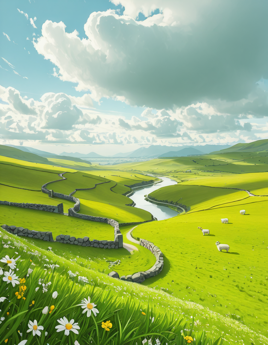 A breathtaking, high-resolution photograph of the rolling plains of Ireland, stretching endlessly under a vast, cloud-streaked sky. The landscape is a lush, vibrant green, with gentle hills covered in soft grass and dotted with scattered wildflowers. Ancient stone walls and winding dirt paths cut through the fields, marking old farmland boundaries. In the distance, a few solitary sheep graze peacefully, their white wool contrasting against the emerald grass. A small, clear river meanders through the valley, reflecting the soft light of the sky. The horizon is framed by low, misty mountains, adding depth and mystery to the scene. Above, the sky is a mix of bright blue and fluffy white clouds, casting dynamic shadows across the landscape as beams of sunlight break through. The atmosphere is serene, timeless, and rich with the natural beauty of the Irish countryside.
<lora:SDXLFaeTastic2400:0.4> <lora:extremely_detailed:0.4> extremely detailed,rolling plains of 1r3l4nd, <lora:rolling_plains_of_1r3l4nd-i:1>, Masterpiece,best quality,hi res,8k,hi res,8k,award winning,(sharp focus, intricate, highly detailed),