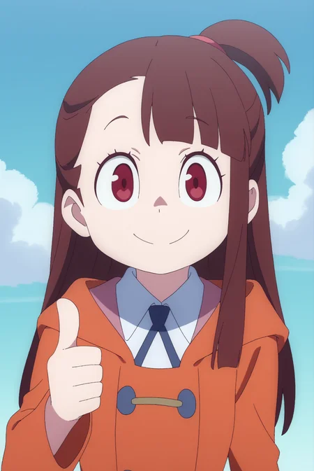 smiling, thumbs up to viewer, friendly, helpful, cheerful expression, Atsuko_Kagari, solo <lora:Little_Witch_Academia-Atsuko_Kagari-PDXL:0.8>