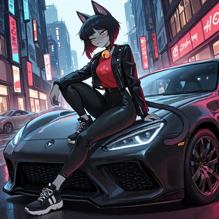 masterpiece, best quality, newest, absurdres, highres, furry, perfect anatomy, 4gn3s,1girl,solo,cat girl,cat ears,multicolored hair,bangs,bob cut,yellow eyes,neck bell,grey skin,cat tail, black jacket, leather jacket, red shirt, black pants, black sneakers, sitting, sitting on car, sports car, night, city, streets, posing, looking at viewer, half-closed eyes, biting lip,