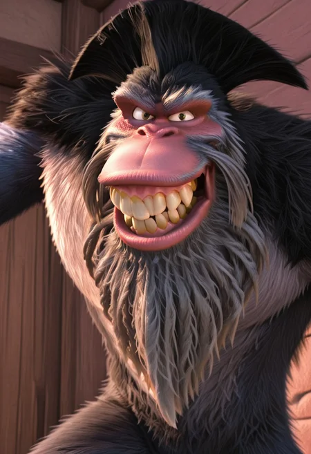 core_9, score_8_up, score_7_up, score_6_up, score_5_up, score_4_up, detailed background, detailed face, 1boy, solo, male, short legs, several gold crowns in the mouth, Captain Gutt. Gigantopithecus, thick fur, crooked teeth, cartoon, long arms, hairstyle, Ice Age Style, 3d, monkey face