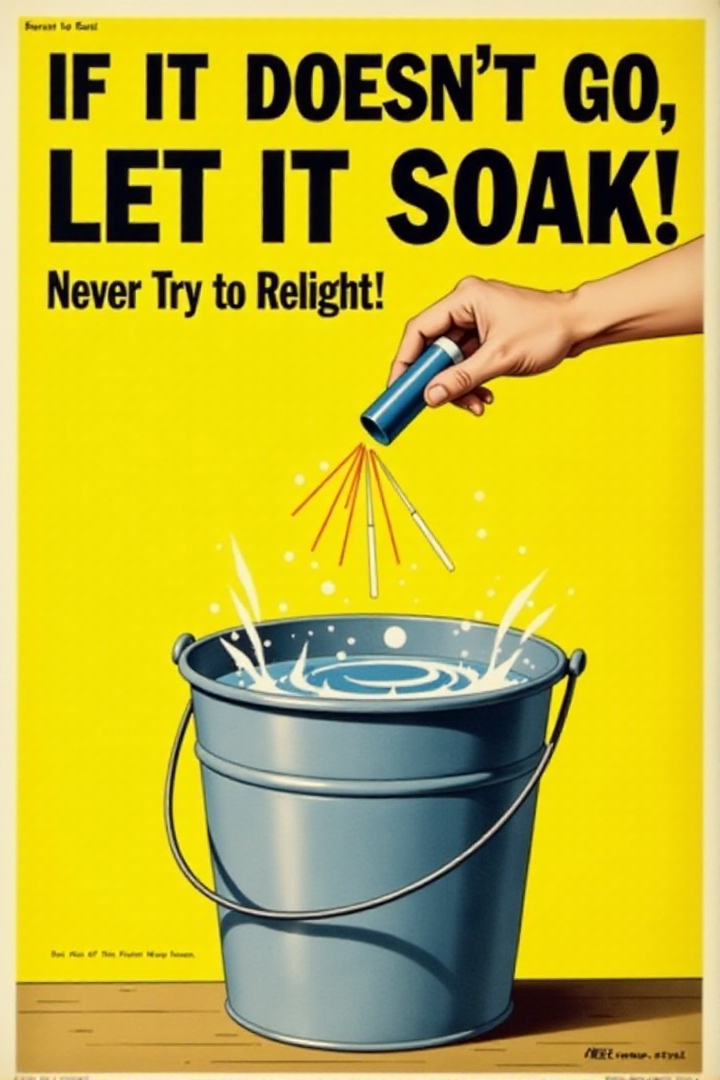 A vintage poster with a simple, direct message. It shows a hand dropping a malfunctioning firework into a bucket filled with water. Bold, black text on a bright yellow background emphatically states: "IF IT DOESN'T GO, LET IT SOAK! Never Try to Relight." Focus on the definitive action for dealing with duds.  <lora:REMEs_War_Poster_Style:0.95> In REME's War Poster Style,âââ