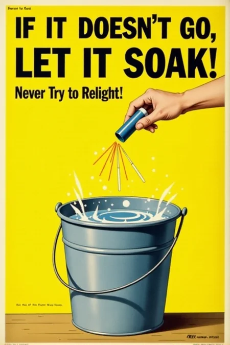 A vintage poster with a simple, direct message. It shows a hand dropping a malfunctioning firework into a bucket filled with water. Bold, black text on a bright yellow background emphatically states: "IF IT DOESN'T GO, LET IT SOAK! Never Try to Relight." Focus on the definitive action for dealing with duds. <lora:REMEs_War_Poster_Style:0.95> In REME's War Poster Style,âââ