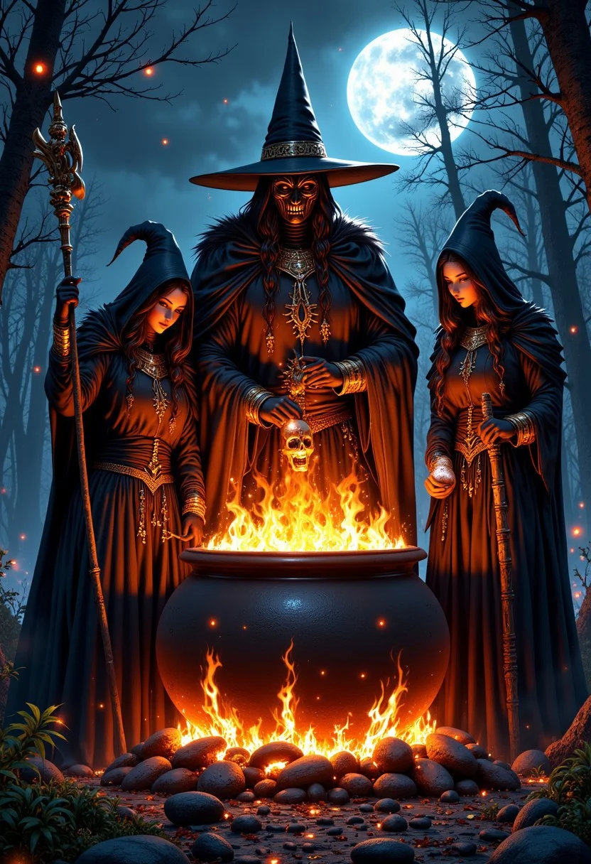 Masterpiece, Three witches in a dark and eerie setting. The witches are dressed in medieval-style clothing and are standing in front of a large cauldron filled with flames. The cauldron appears to be burning brightly, with the flames reaching up towards the top of the cauldron. In the center of the image, there is a large witch wearing a metal face mask and holding a staff. The witch on the left is wearing a hooded cloak and is holding a skull-like object in their hand. On the right is a witch with a long, pointed hat and a long hair, wearing a cloak and holding a potion. The background is dark and foggy, with trees and a full moon visible in the distance. The overall mood of the illustration is ominous and foreboding. high-res, semi realistic, best quality, intricate details, ultra details, good lighting, vibrant colors, very detailed, octane render, ray tracing, mythp0rt