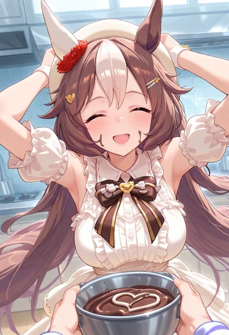 masterpiece,best quality,newest,extremely detailed,highres, absurdres, amazing quality,
yamanin_zephyr_(umamusume), 1girl, horse ears, horse girl, very long hair, brown hair, multicolored hair, hair between eyes, white hair, two-tone hair,
yam963valentine, hat, beret, white dress, white shirt, heart, frills, hairclip, bow, detached sleeves, thighhighs, white headwear, puffy short sleeves, smile, open mouth, closed eyes, chocolate dipping on face, kitchen, upper body jumping on pov, arms up,