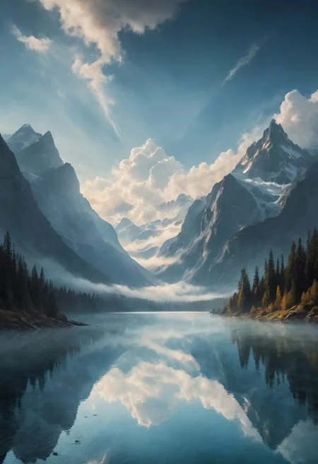 A serene landscape of a sparkling lake, gentle clouds drifting in a bright blue sky, majestic mountain peaks emerging from the mist, vibrant colors, reflective water surface, tranquil atmosphere, high detail. highly detailed and hyper realistic photo, by Alena Aenami , by Archibald Thorburn , by Daniele Afferni , in the style of monochromatic silhouette reflection, limited dark palette, unusual dark colors, faded colors, atmospheric haze, highly dramatic cinematic lighting, motion blur, film grain, professional, excellent composition, finest details, maximized details, ultimate detail level, masterpiece, best quality