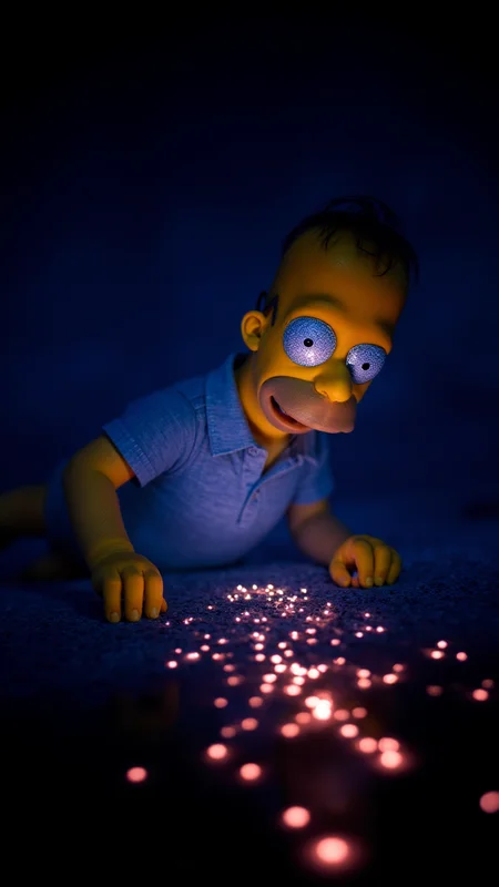 glittering by Davide Sell Cotman, photograph, (Homer Simpson:1.1) , lava pit, Kodak gold 200, 35mm, Eerie Indigo background, Oversized, close-up, bokehmachine