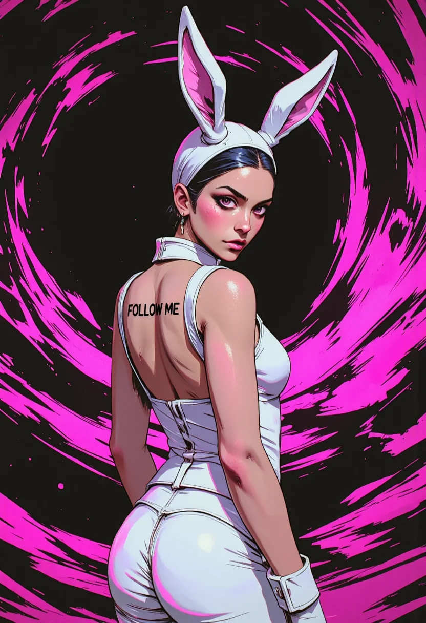 ArcaneFGTNRhigh up close vibrant surreal artwork of a woman dressed as a white rabbit falling into a swirling black hole. The woman is seen from behind, wearing a sleek, pure white outfit with delicate white bunny ears. She is glancing back over her shoulder at the viewer, her expression alluring yet mysterious. A bold tattoo reading 'FOLLOW ME' is inked across her exposed shoulder
