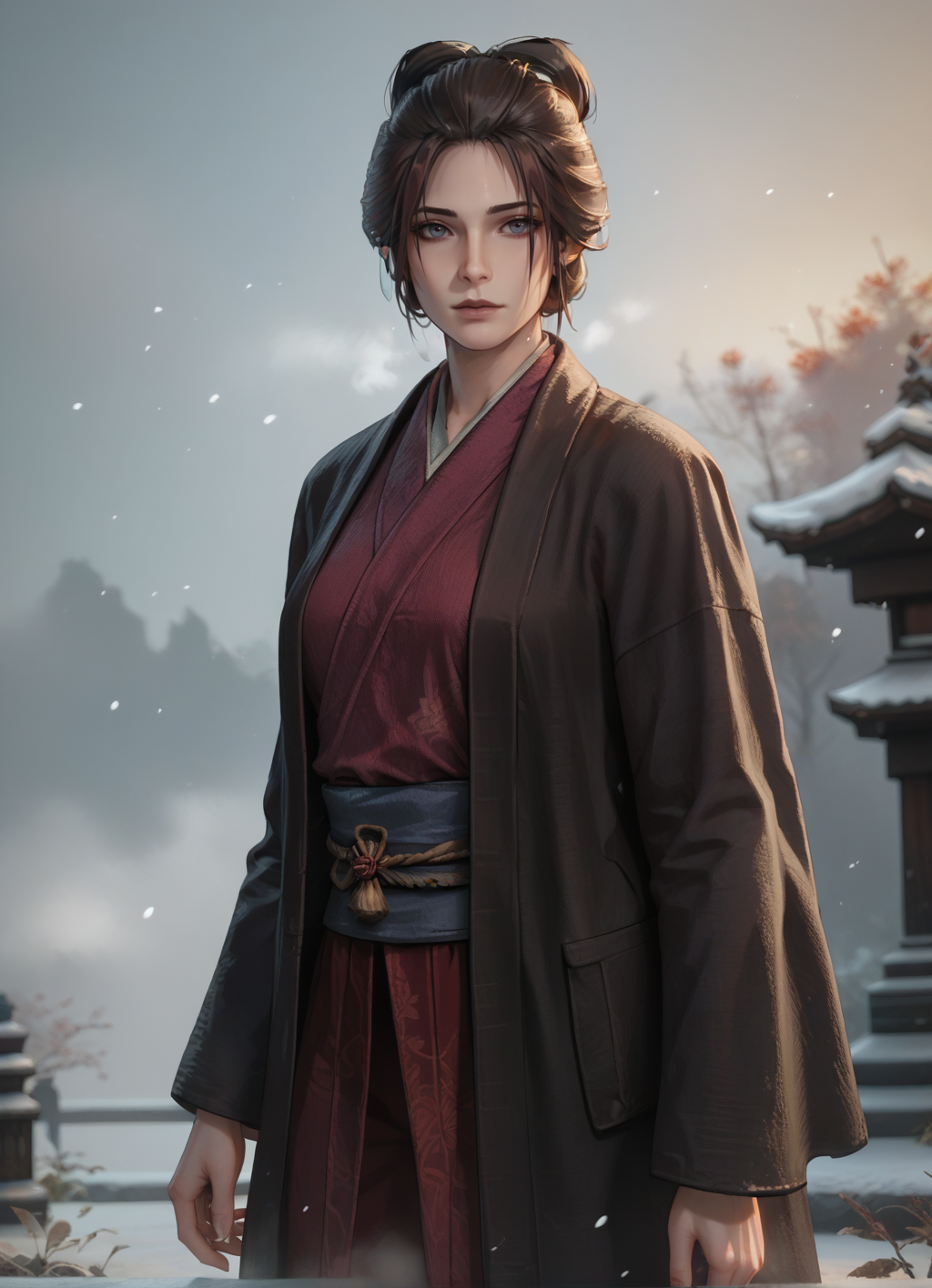 score_9, score_8_up, score_7_up, source_anime, 1girl, standing,blurred background, (fog:1.2),snow background, solo, EmmaSekiro, <lora:EmmaSekiro:0.7>