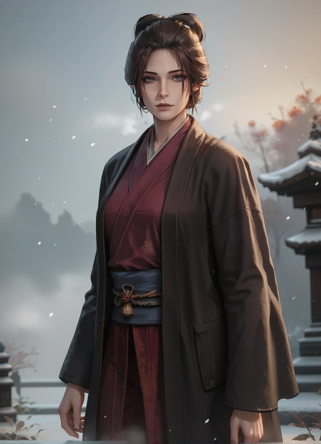 score_9, score_8_up, score_7_up, source_anime, 1girl, standing,blurred background, (fog:1.2),snow background, solo, EmmaSekiro, <lora:EmmaSekiro:0.7>
