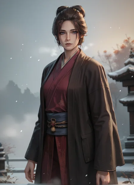 score_9, score_8_up, score_7_up, source_anime, 1girl, standing,blurred background, (fog:1.2),snow background, solo, EmmaSekiro, <lora:EmmaSekiro:0.7>