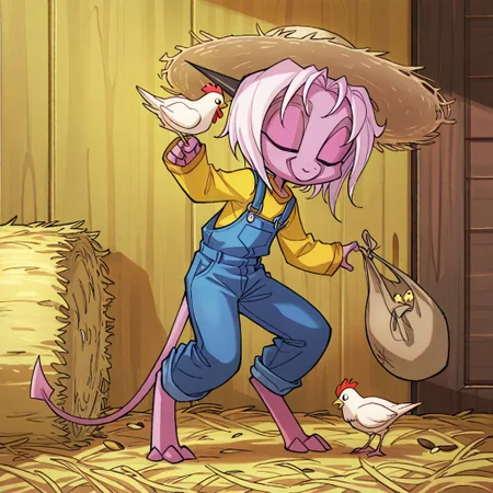 score_9, score_8_up, score_7_up,namah_calah,
1girl,solo,furry,tail, source_furry,horns,
,<lora:namah_calah_illustrious:0.8>,
child, kid,
feeding chicks, hen, chicken, baby_chicks, seed_bag, straw_hat, overalls, barn_background, cheerful_expression, golden_light, hay_bale, tiny_beaks, rustic_charm