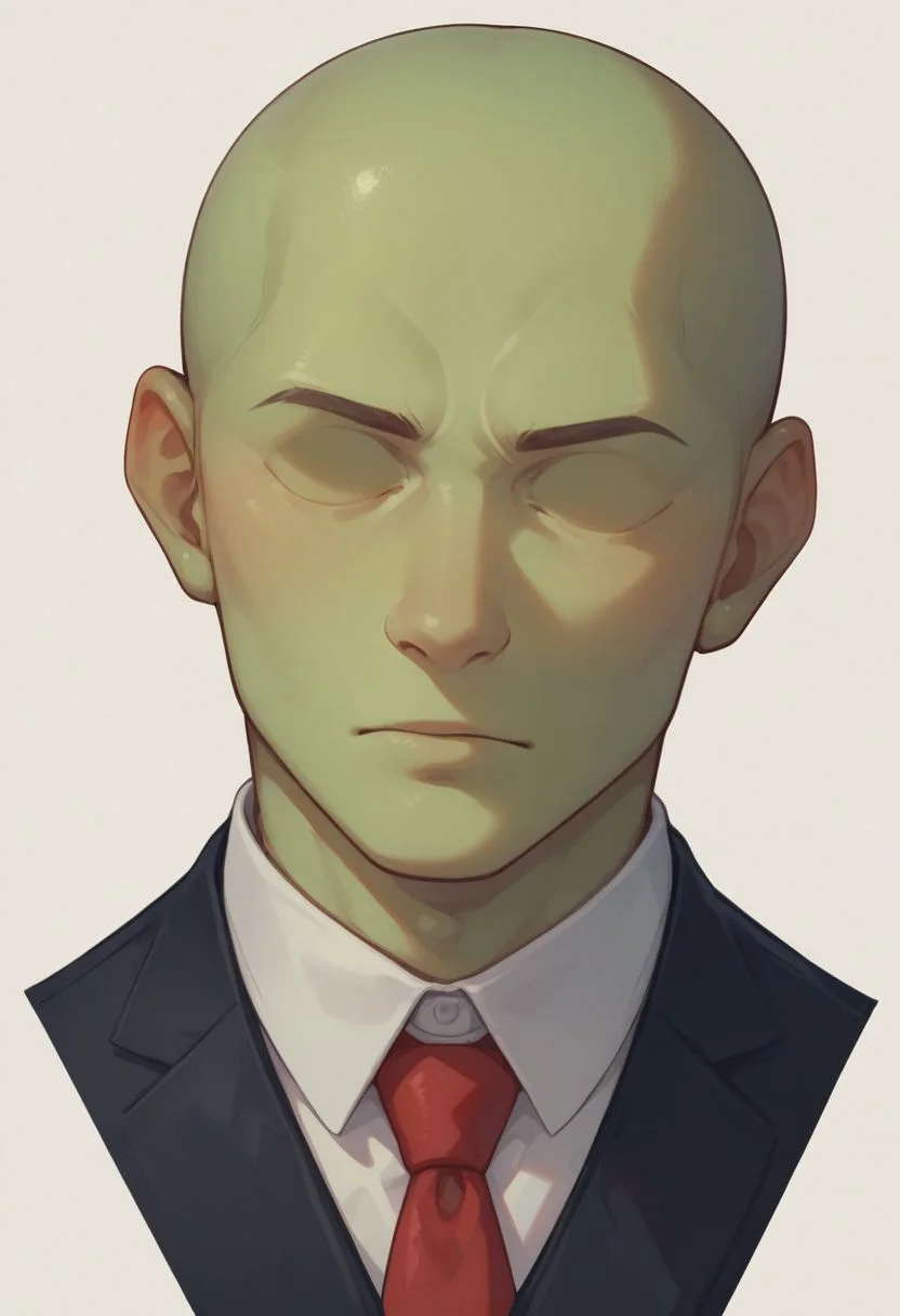 score_9, score_8_up, score_8,
1boy, solo, green skin, no eyes, no eyebrows, bald, black business suit, white under shirt, red tie, black suit pants, average body, close up, portrait shot, white background