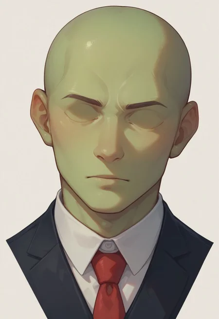 score_9, score_8_up, score_8,
1boy, solo, green skin, no eyes, no eyebrows, bald, black business suit, white under shirt, red tie, black suit pants, average body, close up, portrait shot, white background
